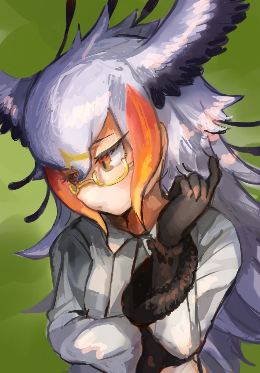 1girl bird_girl bird_wings black_fur black_gloves black_hair brown_hair collared_shirt dido_(di_do_di_do) fur_trim glasses gloves hair_between_eyes head_wings highres jacket kemono_friends long_hair long_sleeves multicolored_hair orange_eyes orange_hair secretarybird_(kemono_friends) semi-rimless_eyewear shirt solo white_hair white_jacket wings yellow_gloves