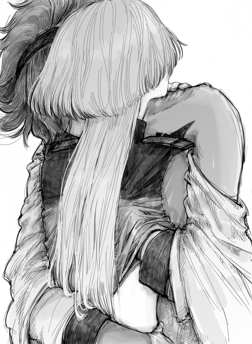 2girls absurdres asticassia_school_uniform bare_shoulders commentary english_commentary greyscale gundam gundam_suisei_no_majo hairband hand_on_another&#039;s_shoulder hand_on_another&#039;s_waist hand_under_clothes hand_under_shirt highres himmel_(keine_haare) hug long_hair long_sleeves miorine_rembran monochrome multiple_girls school_uniform shirt suletta_mercury yuri
