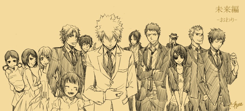 breasts chrome_dokuro gokudera_hayato greyscale hibari_kyouya katekyo_hitman_reborn! long_hair miura_haru monochrome multiple_boys multiple_girls reborn rokudou_mukuro runesque sasagawa_kyouko sasagawa_ryohei sawada_tsunayoshi short_hair uni_(reborn) yamamoto_takeshi