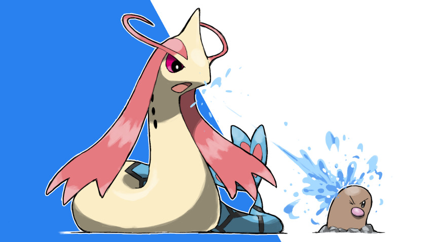 animal_focus blacknirrow colored_sclera commission diglett game_freak gen_1_pokemon gen_3_pokemon highres milotic nintendo no_humans one_eye_closed open_mouth pixiv_commission pokemon pokemon_(creature) pokemon_focus pokemon_move red_sclera simple_background two-tone_background v-shaped_eyebrows water water_gun_(pokemon)