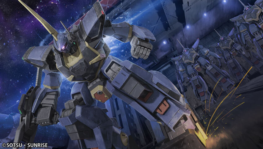 army artist_request barzam beam_cannon copyright_logo gundam hangar launching machinery mecha mecha_focus mobile_suit official_art one-eyed promotional_art realistic robot science_fiction space sparks spoilers sunrise_(company) thrusters titans_(gundam) zeta_gundam