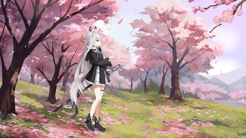 1girl absurdres ahoge animal_ears ankle_boots azur_lane black_boots blue_eyes blue_sky boots branch breasts cherry_blossoms chinese_commentary crossed_bangs day dress falling_petals flower forest fox_ears fox_girl fox_tail from_side full_body fur_collar grass grey_hair gu_ling_yu hair_between_eyes hand_up highres holding holding_sword holding_weapon katana kawakaze_(azur_lane) kawakaze_(monochromatic_interlude)_(azur_lane) lake long_hair long_sleeves mountainous_horizon nature official_alternate_costume petals popped_collar scenery short_dress sky small_breasts solo spring_(season) standing straight_hair sword tail thigh_strap tree very_long_hair weapon white_dress wide_sleeves