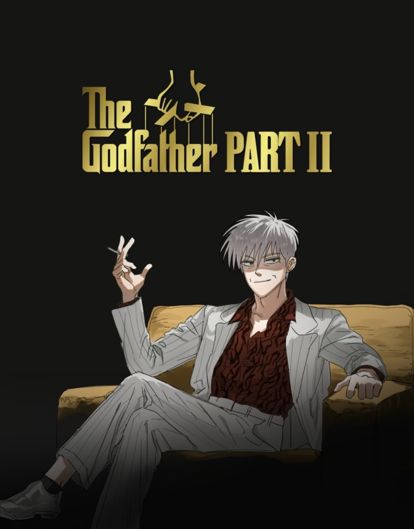 1boy akagi_shigeru animal_print black_background black_socks cigarette closed_mouth commentary_request couch crossed_legs foot_out_of_frame formal_clothes fukumoto_mahjong grey_hair grey_shoes hair_between_eyes highres holding holding_cigarette jacket korean_commentary koreangaykiller long_sleeves looking_at_viewer male_focus old old_man open_clothes open_jacket pants print_shirt red_eyes red_shirt shaded_face shirt shoes short_hair smile socks solo striped_clothes striped_jacket suit ten_(manga) the_godfather tiger_print vertical-striped_clothes vertical-striped_jacket white_jacket white_pants