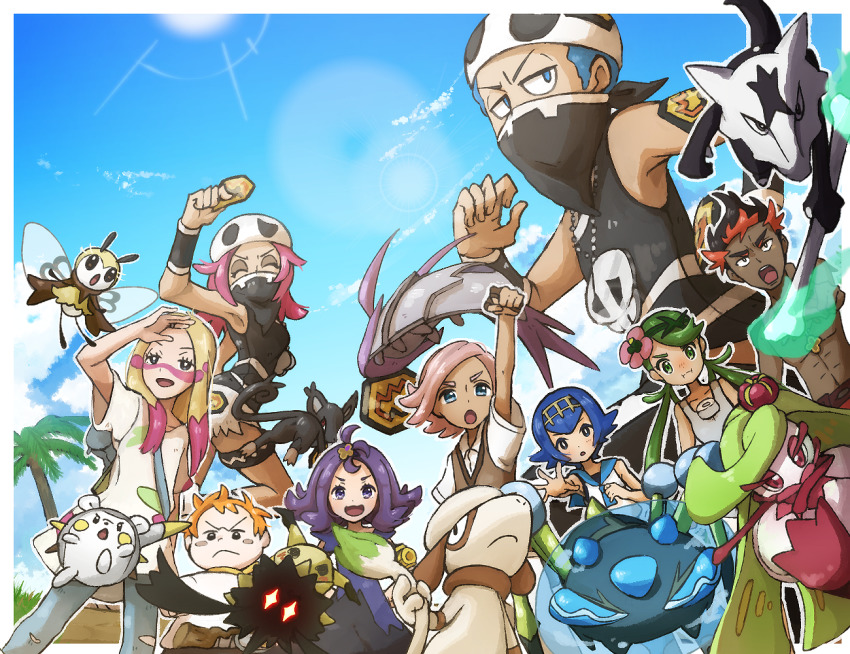 4boys 5girls acerola_(pokemon) alolan_form alolan_marowak alolan_rattata araquanid blue_eyes blue_hair blue_sky bone breasts cloud creature dark_skin day dress elite_four facepaint fire flat_chest flying furrowed_brow gen_2_pokemon gen_7_pokemon green_eyes green_hair holding holding_bone ilima_(pokemon) jumping kiawe_(pokemon) lana_(pokemon) long_hair looking_at_viewer mallow_(pokemon) medium_hair mimikyu mina_(pokemon) miu_(miuuu_721) multiple_boys multiple_girls nintendo outdoors pine_tree pink_eyes pink_hair pokemon pokemon_(creature) pokemon_sm purple_dress purple_eyes purple_hair ribombee serious shirt short_hair sky small_breasts smeargle sophocles_(pokemon) standing sunlight team_skull team_skull_grunt team_skull_uniform togedemaru tree trial_captain tsareena wimpod wishiwashi