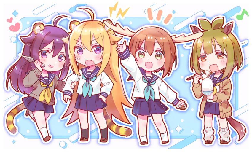 4girls :d :o animal_ear_fluff animal_ears antlers bashame_meme black_socks blonde_hair blue_neckerchief blue_sailor_collar blue_skirt blush_stickers bowl brown_eyes brown_footwear brown_hair chibi chopsticks deer_antlers drooling eighth_note green_eyes green_hair grey_sweater hair_between_eyes hair_flaps heart highres holding holding_bowl holding_chopsticks holding_weapon horns koshi_anko_(shikanoko) koshi_torako kunai lightning_bolt_symbol loafers long_hair long_sleeves loose_socks mouth_drool multiple_girls musical_note neckerchief notice_lines open_mouth pleated_skirt puffy_long_sleeves puffy_sleeves purple_eyes rice rice_bowl sailor_collar school_uniform serafuku shikanoko_noko shikanoko_nokonoko_koshitantan shoes siblings sisters skirt smile socks sorimachi-doufu striped_tail sweater tail tiger_ears tiger_girl tiger_tail v-shaped_eyebrows very_long_hair weapon white_socks yellow_neckerchief