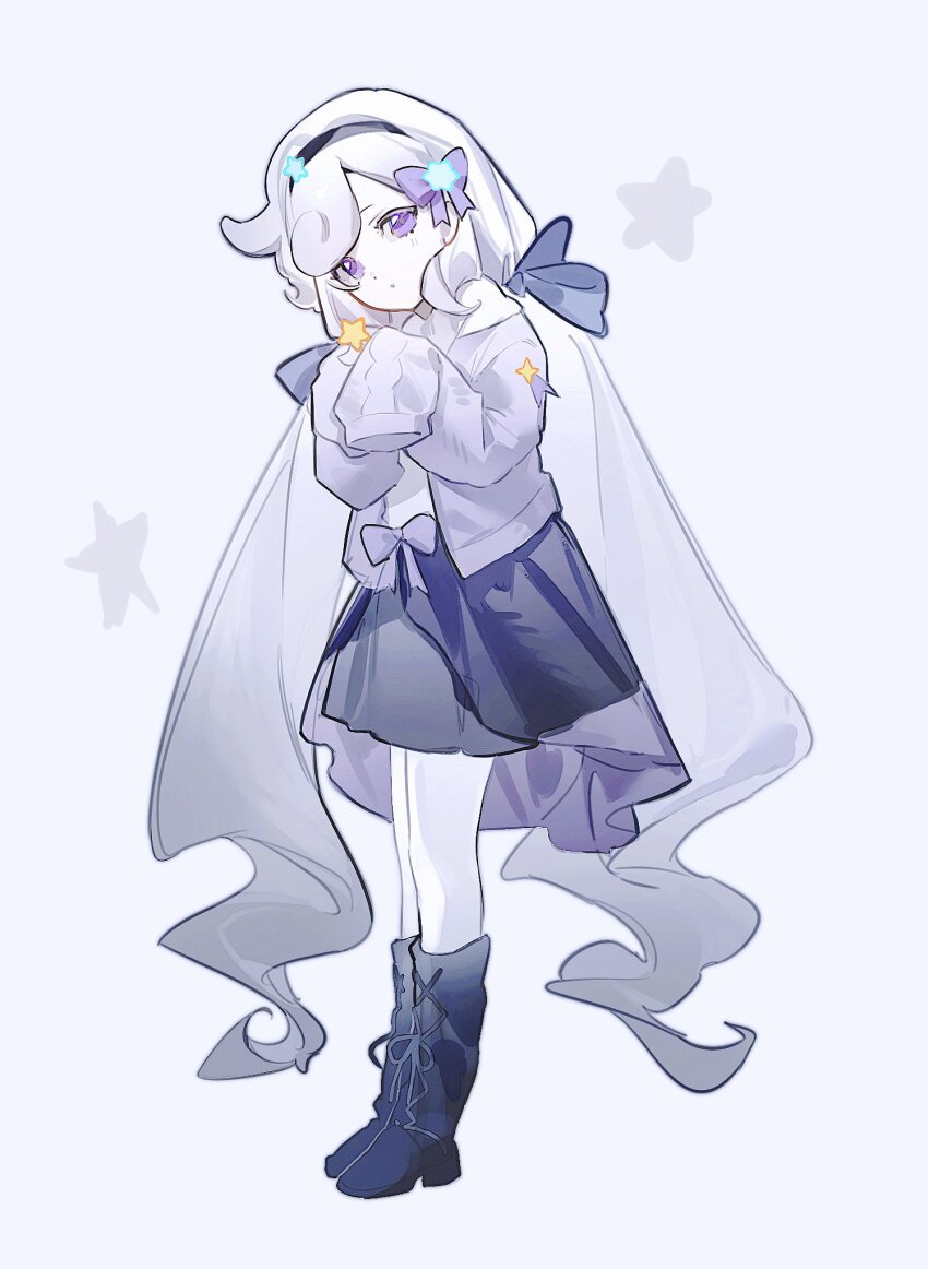 1girl black_boots black_hairband black_skirt blue_background blue_bow boots bow bow_skirt colored_skin cookie_run cookie_run:_kingdom full_body gradient_hair grey_hair hair_behind_ear hair_bow hairband head_tilt highres humanization jacket knee_boots lace-up_boots long_hair long_sleeves looking_at_viewer low_twintails milky_way_cookie miniskirt multicolored_hair open_clothes open_jacket parted_lips purple_bow purple_eyes purple_jacket senlly_2507 shirt simple_background skirt sleeves_past_fingers sleeves_past_wrists solo standing star_(symbol) twintails very_long_hair white_hair white_shirt white_skin