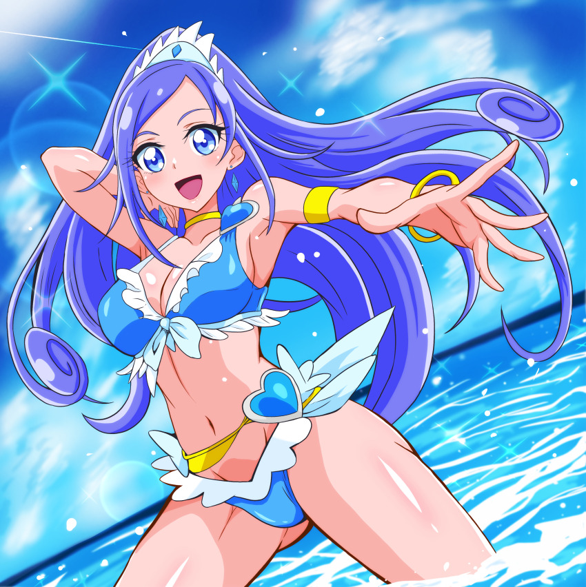 1girl absurdres adapted_costume beach bikini blue_bikini blue_eyes blue_hair blue_sky breasts cleavage cloud cure_diamond day dokidoki!_precure feet_out_of_frame frilled_bikini frills highres hishikawa_rikka horizon long_hair magical_girl manga_sakuga_(precure) medium_breasts ocean outdoors precure sky solo standing swimsuit wading water