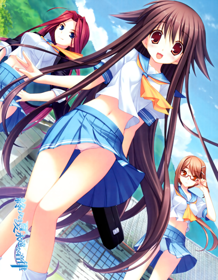 3girls absurdres amamiya_kanon blue_eyes blue_panties brown_eyes brown_hair glasses highres himukai_kyousuke long_hair multiple_girls navel oogami_ritsuko owari_naki_natsu_towa_naru_shirabe panties pantyshot pink_panties red_hair school_uniform serafuku skirt takanashi_mio underwear very_long_hair wind wind_lift