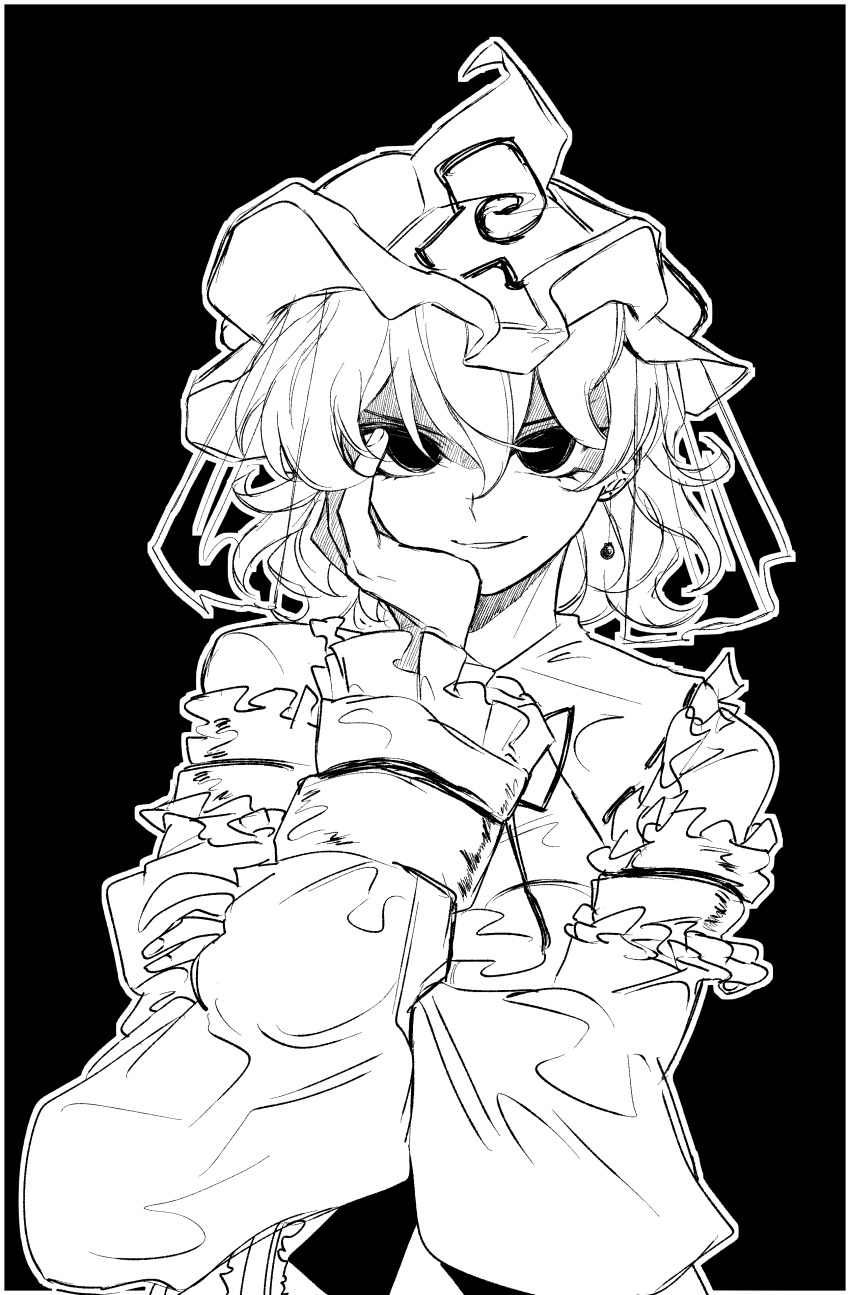 1girl absurdres black_background bow casimia commentary_request cowboy_shot earrings eyelashes fingernails frilled_garter frilled_headwear frilled_kimono frilled_sleeves frills furrowed_brow greyscale hair_between_eyes hand_on_own_arm hand_on_own_cheek hand_on_own_face hat highres japanese_clothes jewelry kimono korean_commentary long_sleeves looking_at_viewer medium_hair mob_cap monochrome neck_ribbon outline ribbon ribbon-trimmed_kimono ribbon_trim saigyouji_yuyuko shaded_face simple_background sleeve_garter smirk smug solo spiral_print standing touhou triangular_headpiece waist_bow white_outline wide_sleeves