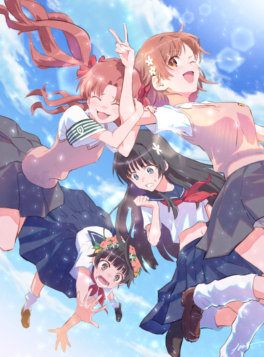 10ttruck 4girls ;d announcement_celebration black_hair blue_sailor_collar blue_skirt blue_sky brown_eyes brown_hair brown_sweater_vest collared_shirt commentary_request flower grey_skirt hair_flower hair_ornament hairpin head_wreath highres judgement_armband_(toaru) long_hair loose_socks midair midriff miniskirt misaka_mikoto multiple_girls navel neckerchief one_eye_closed open_mouth pleated_skirt red_neckerchief sailor_collar sakugawa_school_uniform saten_ruiko school_emblem school_uniform serafuku shirai_kuroko shirt short_hair short_sleeves skirt sky smile socks summer_uniform sweater_vest toaru_kagaku_no_railgun toaru_majutsu_no_index tokiwadai_school_uniform twintails uiharu_kazari v v-neck white_shirt white_socks