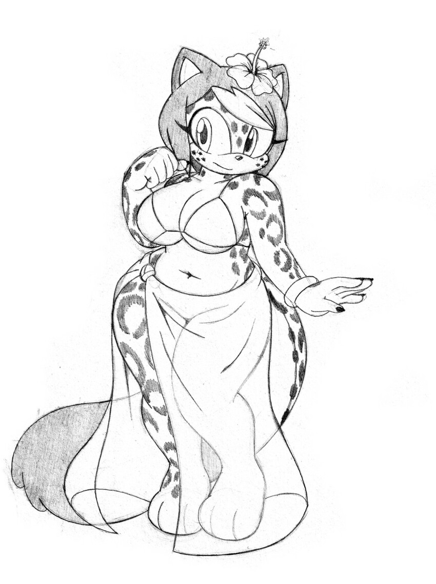 1girl bare_shoulders closed_mouth fingernails full_body graphite_(medium) highres looking_at_viewer navel omegasunburst original snow_leopard solo sophia_the_snowleoplard standing tail thick_thighs thighs traditional_media