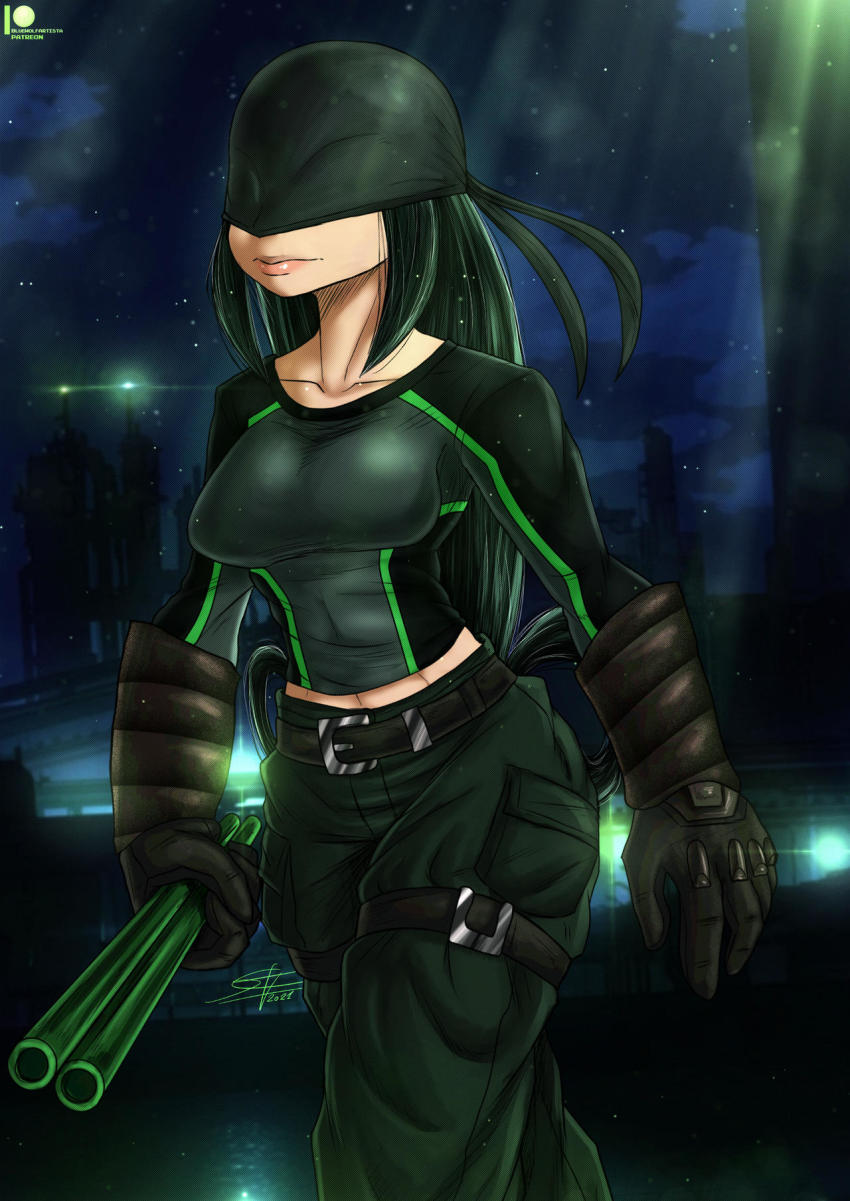1girl asui_tsuyu belt blindfold bodysuit boku_no_hero_academia breasts crossdressing crossover daredevil denim female_focus gloves green_hair highres jeans large_breasts long_hair marvel pants solo very_long_hair weapon