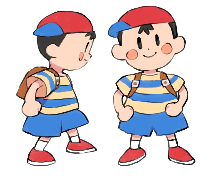 1boy backpack bag baseball_cap black_hair blue_shorts brown_bag full_body gan2 hat highres male_focus mother_(series) mother_2 multiple_views ness_(mother_2) nintendo red_footwear red_hat shirt shorts sideways_hat smile socks striped_clothes striped_shirt super_smash_bros. t-shirt white_background white_socks