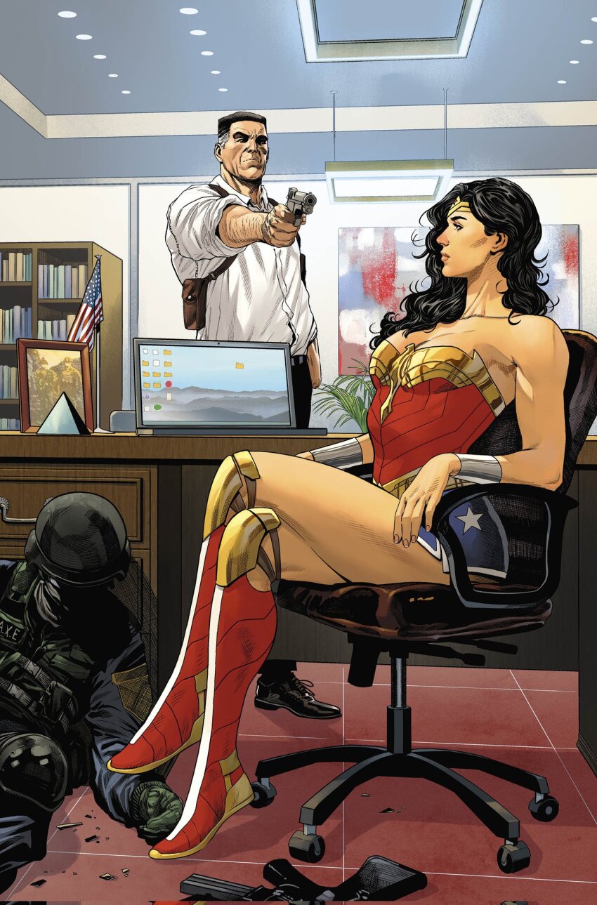 1boy 1girl american_flag artist_collaboration black_hair bookshelf boots chair computer dc_comics gun handgun highres holding holding_gun holding_weapon indoors knee_boots laptop long_hair office office_chair red_boots sampere_art shirt short_hair sitting swivel_chair tomeu_morey weapon white_shirt wonder_woman wonder_woman_(series)