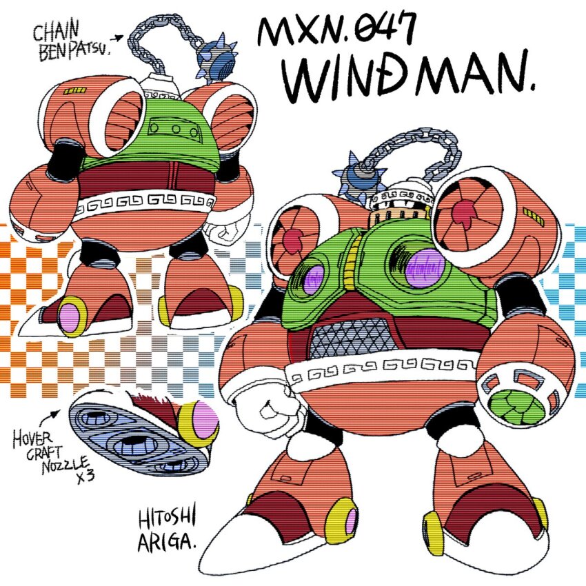 1boy android ariga_hitoshi arm_cannon armor arrow_(symbol) artist_name ball_and_chain_(weapon) black_bodysuit black_eyes blue_background bodysuit boots chain character_name checkered_background clenched_hand colored_shoe_soles commentary_request concept_art electric_fan english_text floating floating_object floating_weapon from_behind full_body gloves gradient_background helmet highres joints kagome_(pattern) knee_boots looking_ahead looking_at_viewer male_focus mega_man_(classic) mega_man_(series) mega_man_6 mega_man_megamix multiple_views no_humans orange_armor orange_background red_footwear reference_sheet robot robot_ears robot_joints scanlines shoe_soles simple_background spiked_ball_and_chain standing turnaround weapon white_background white_gloves wind_man