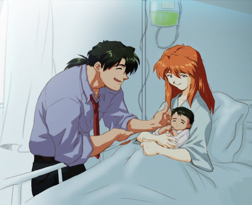1boy 1girl amondetauro baby beard_stubble bed black_hair blue_shirt facial_hair family highres hospital_bed hospital_gown kaji_ryouji long_hair low_ponytail neon_genesis_evangelion on_bed orange_hair ponytail shirt smile souryuu_asuka_langley stubble under_covers
