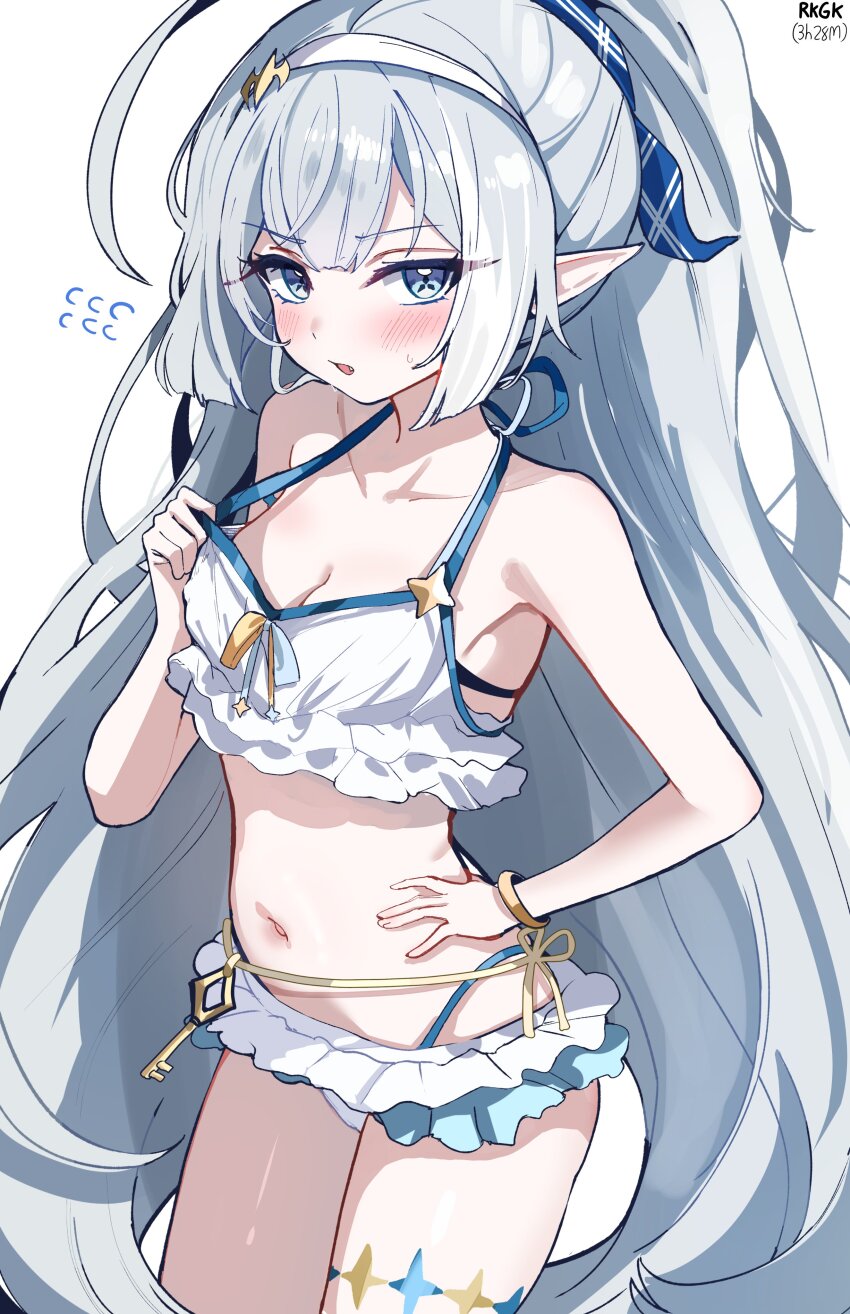 1girl absurdres bad_id bad_twitter_id bare_shoulders bikini blush breasts cleavage fang female_tyrant_(stella_sora) flying_sweatdrops grey_hair hairband hand_on_own_hip highres long_hair looking_at_viewer navel official_alternate_costume parted_lips pointy_ears sak_(lemondisk) simple_background solo stella_sora stomach swimsuit tyrant_(stella_sora) very_long_hair white_background white_bikini white_hairband