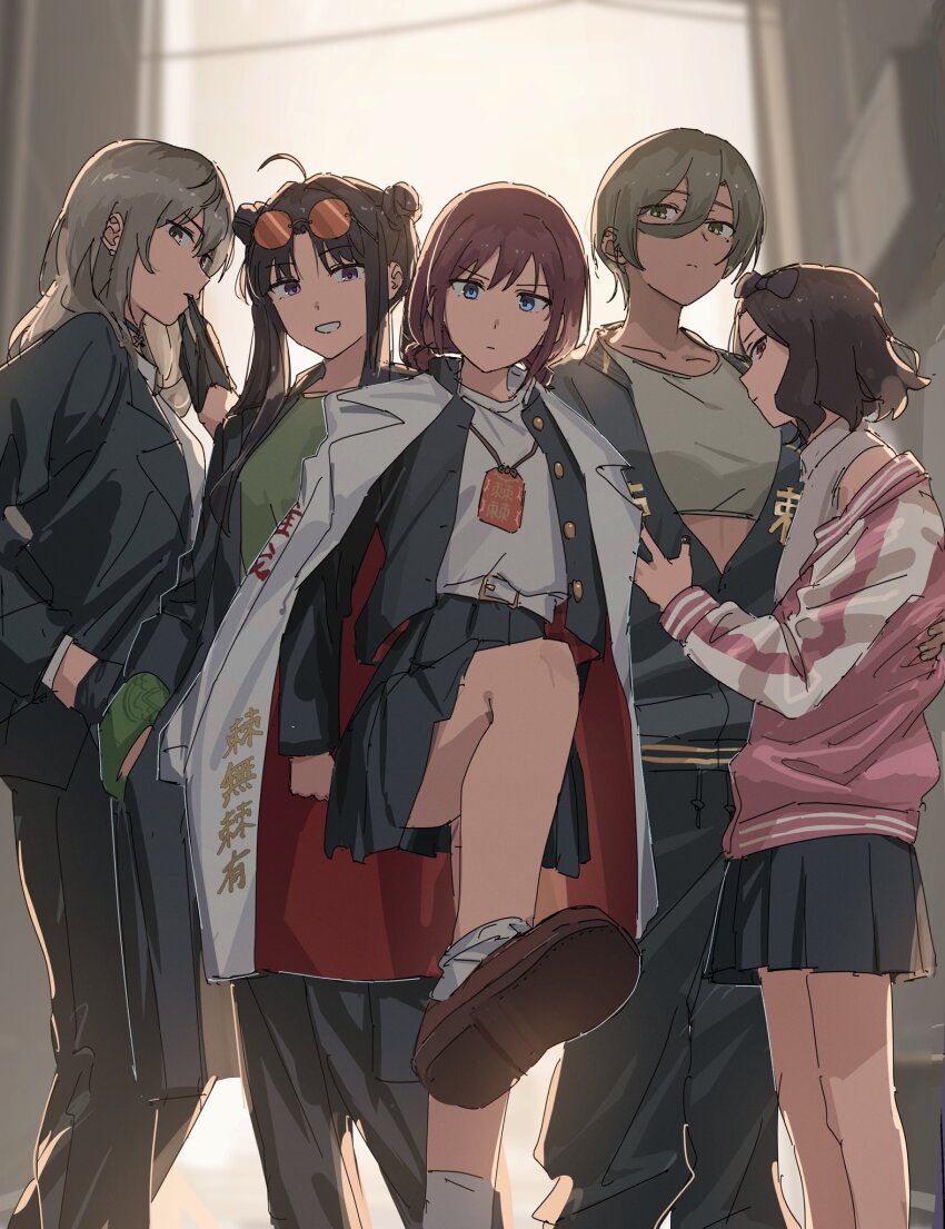 5girls awa_subaru black_coat black_gloves black_hair black_jacket black_nails black_pants black_skirt blue_eyes bow brown_bow brown_footwear brown_hair closed_mouth coat coat_on_shoulders collared_shirt commentary_request crop_top double_bun ebizuka_tomo eyewear_on_head foot_up girls_band_cry glove_in_mouth gloves green_eyes green_shirt grey_eyes grey_hair grey_shirt hair_bow hair_bun hand_on_another&#039;s_arm hand_on_another&#039;s_stomach highres iseri_nina jacket jewelry kawaragi_momoka loafers looking_at_viewer matarasu_(aaaaaaaaj) medium_hair mole mole_under_eye mouth_hold multiple_girls necklace orange-tinted_eyewear outdoors pants pink_eyes pink_jacket pleated_skirt purple_eyes red_coat red_hair rupa_(girls_band_cry) shirt shoes short_hair skirt sleeveless sleeveless_shirt smile socks sunglasses tinted_eyewear togenashi_togeari two-sided_coat two-sided_fabric white_coat white_shirt white_socks yuri