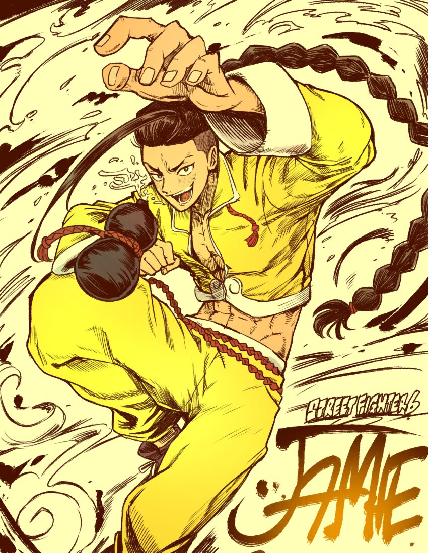1boy absurdres black_hair braid character_name commentary_request copyright_name drunken_fist dynamic_pose gourd highres holding holding_gourd igawa20000volt jacket jamie_siu jewelry long_hair male_focus midriff muscular muscular_male pants rope_belt single_bang single_braid solo street_fighter street_fighter_6 teeth yellow_pants yellow_rope