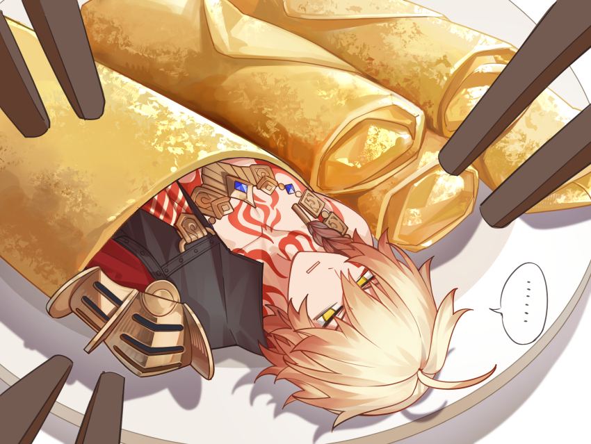 ... 1boy ahoge arm_tattoo armlet armor armored_gloves belt black_coat blank_stare blonde_hair bound braid chest_tattoo chinese_commentary chopsticks coat commentary_request dabeizhuanghuangmenjimifan dumpling earrings facial_tattoo food gold_earrings gold_necklace gradient_hair hair_between_eyes highres honkai:_star_rail honkai_(series) jewelry male_focus medium_hair miniature multicolored_hair mydei_(honkai:_star_rail) necklace on_food open_clothes open_coat orange_eyes pauldrons red_hair red_tattoo restrained shoulder_armor side_braid single_pauldron solo spoken_ellipsis tattoo toned toned_male wrapped
