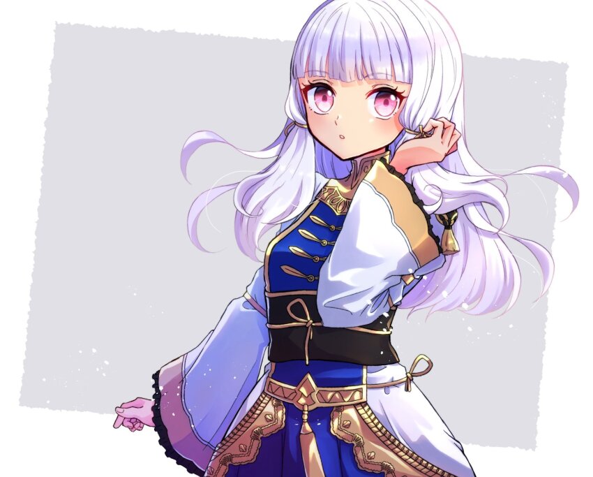 1girl blunt_bangs breasts dress fire_emblem fire_emblem:_three_houses fire_emblem_warriors:_three_hopes gogatsu_(yeaholiday) highres lysithea_von_ordelia nintendo official_alternate_costume official_alternate_hairstyle petite pink_eyes purple_dress small_breasts solo white_dress white_hair