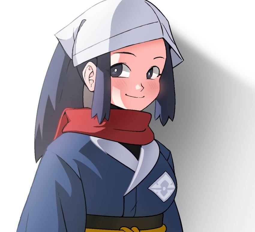 1girl akari_(pokemon) black_hair black_sash blush bright_pupils closed_mouth commentary_request grey_eyes grey_jacket headscarf heydove highres jacket korean_commentary long_hair looking_to_the_side nintendo pokemon pokemon_legends:_arceus ponytail red_scarf sash scarf sidelocks smile solo upper_body white_headscarf white_headwear white_pupils