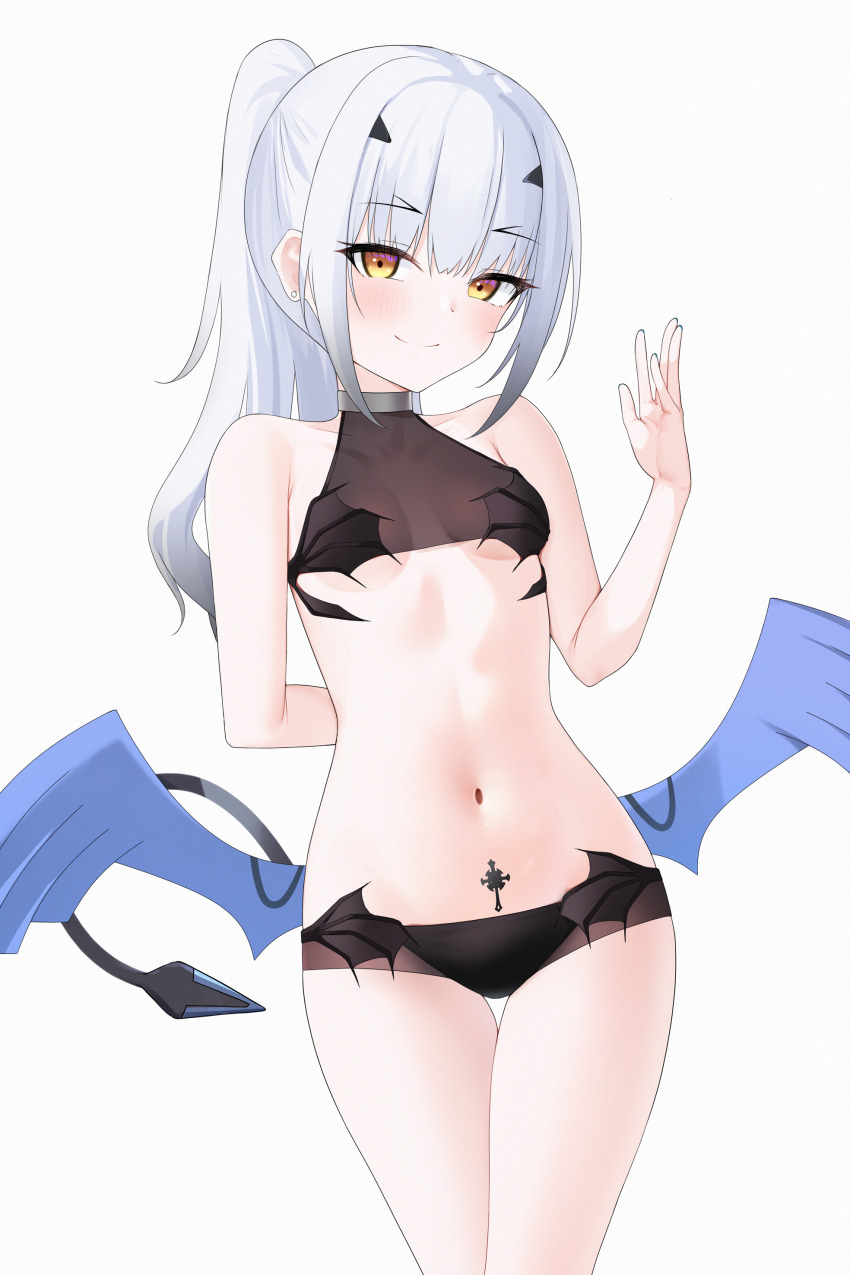 1girl absurdres arm_behind_back bare_shoulders bikini black_bikini blush breasts dragon_wings fate/grand_order fate_(series) grey_hair highres looking_at_viewer melusine_(fate) melusine_(swimsuit_ruler)_(fate) melusine_(swimsuit_ruler)_(first_ascension)_(fate) navel pubic_tattoo simple_background small_breasts smile solo stomach_tattoo swimsuit tattoo white_background wings yellow_eyes zerotwenty_(020)