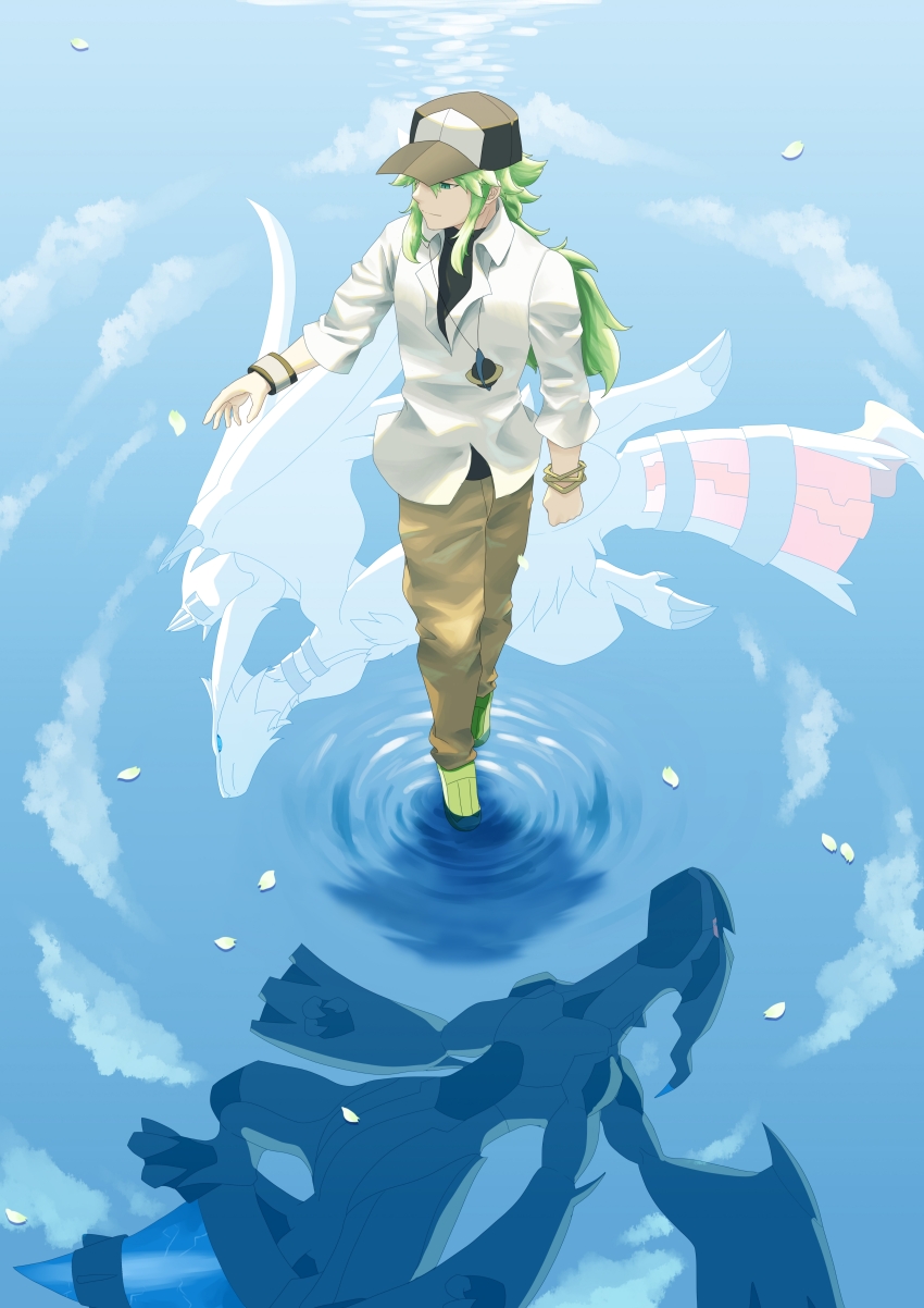 1boy absurdres armband baseball_cap black_shirt bracelet brown_pants chinese_commentary clenched_hand closed_mouth collared_shirt commentary_request falling_petals flying gen_5_pokemon green_eyes green_hair hair_intakes hat highres jewelry legendary_pokemon light_smile male_focus n_(pokemon) necklace nintendo nyota068 outstretched_arm pants petals pokemon pokemon_(creature) pokemon_bw ponytail reflection reflective_water reshiram ripples shirt solo standing water white_shirt wing_collar zekrom