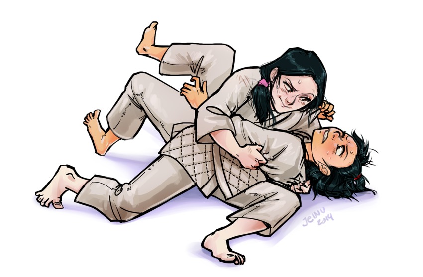 2girls barefoot black_hair clenched_teeth dougi honami_sayaka inokuma_yawara jeinu judo lying multiple_girls on_back one_eye_closed ponytail rivalry smile sportswear struggling submission_hold sweat teeth wrestling yawara_a_fashionable_judo_girl