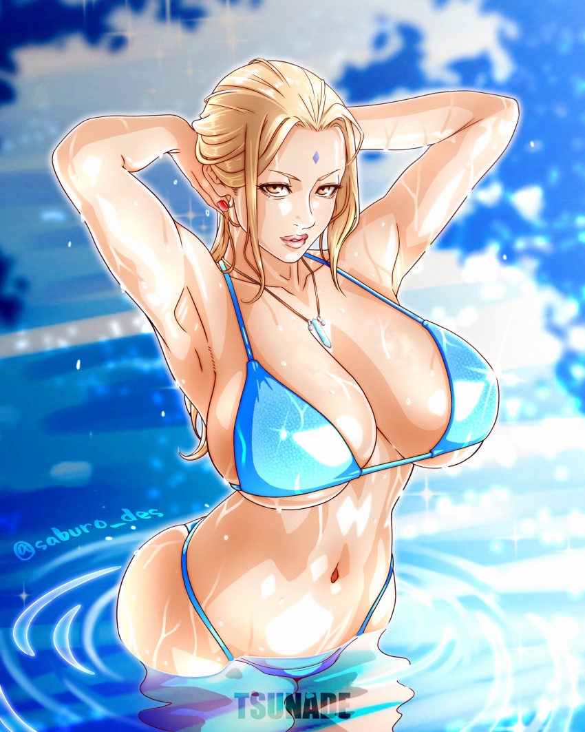 1girl absurdres armpits arms_up bikini blonde_hair blue_background blue_bikini breasts brown_hair character_name commentary_request hair_pulled_back hands_in_own_hair highres jewelry nail_polish naruto_(classic) naruto_(series) navel necklace partially_submerged red_lips ripples saburo_des solo swimsuit tsunade_(naruto) twitter_username underboob wet