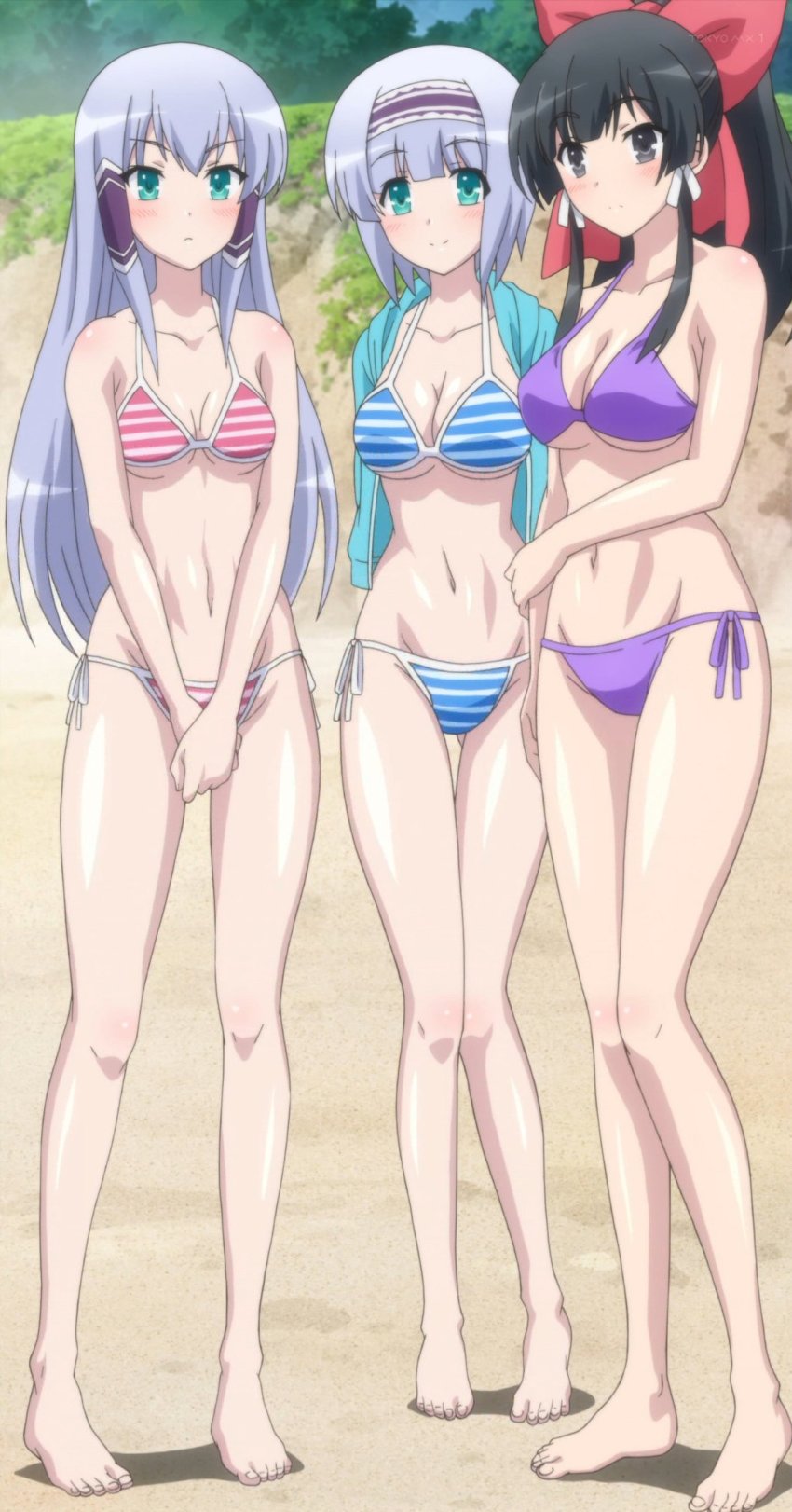 3girls anime_screenshot barefoot beach bikini black_hair blush breasts else_shileska feet green_eyes highres isekai_wa_smartphone_to_tomo_ni. kokonoe_yae large_breasts linse_shileska long_hair multiple_girls navel sand small_breasts smile stitched striped_bikini striped_clothes swimsuit third-party_edit