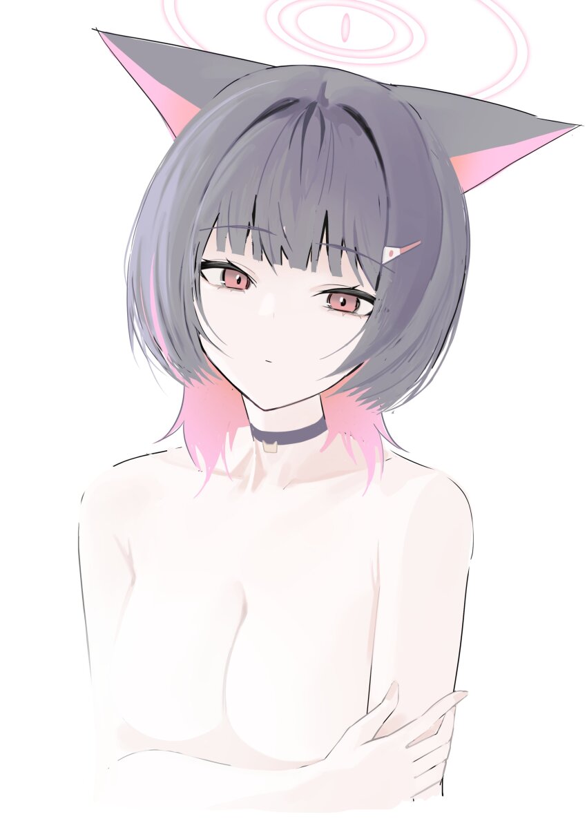 1girl absurdres animal_ears black_choker blue_archive cat_choker cat_ears cat_girl choker colored_inner_animal_ears colored_inner_hair extra_ears fading halo highres kazusa_(blue_archive) momocadraw multicolored_hair pink_hair pink_halo simple_background solo two-tone_hair upper_body white_background