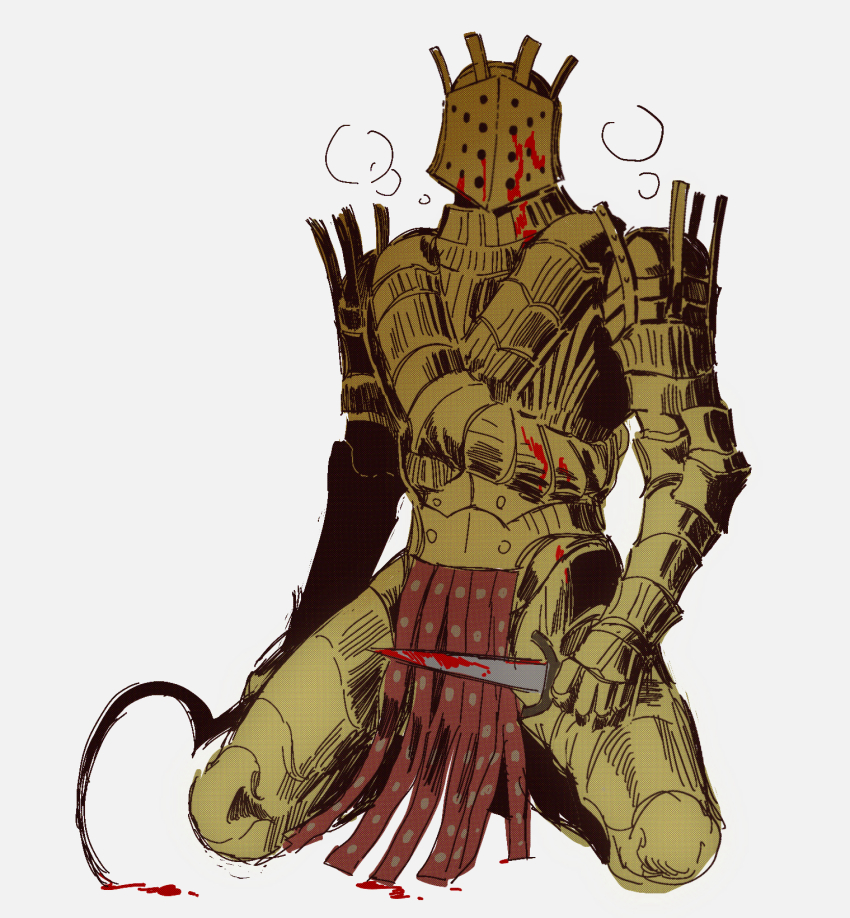 192_saioma 1boy armor asymmetrical_dual_wielding blood blood_on_clothes bloody_weapon breastplate commentary dagger dark_souls_(series) dark_souls_i dual_wielding full_armor full_body gauntlets gold_armor helmet highres holding holding_dagger holding_knife holding_sword holding_weapon knife knight knight_lautrec_of_carim leg_armor looking_at_viewer male_focus pelvic_curtain seiza shotel simple_background sitting solo sword weapon white_background