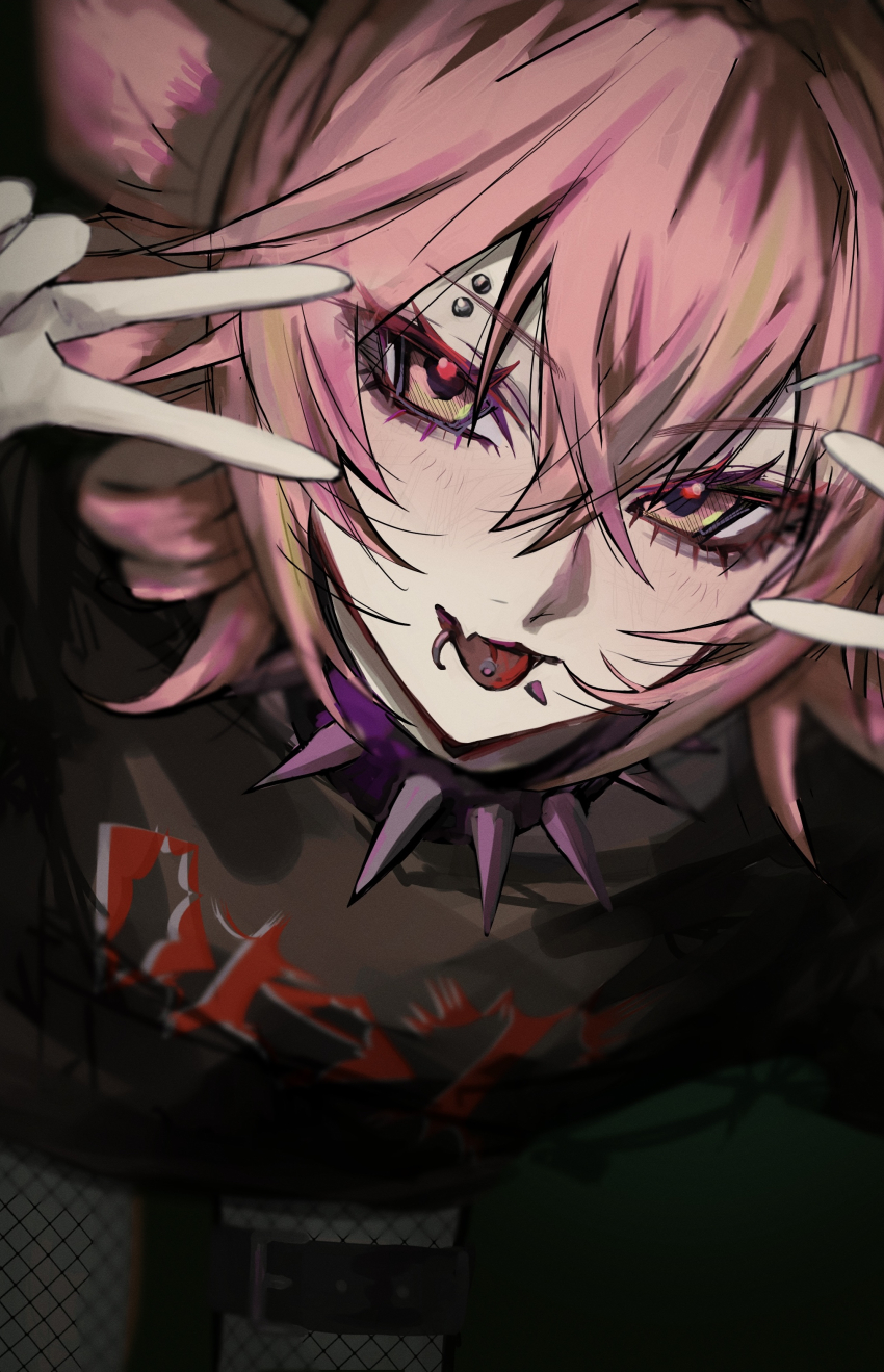 1girl absurdres belt black_belt black_pantyhose black_shirt blush choker commentary double_v drill_hair eyebrow_piercing face_piercing fang fishnet_pantyhose fishnets hair_ornament hairclip highres kasane_teto leaning_forward lip_piercing long_hair looking_at_viewer pantyhose piercing pink_hair pink_pupils print_shirt shirt skin_fang smile solo spiked_choker spikes thigh_belt thigh_strap thighs tongue tongue_out twin_drills twintails utau v yellow_eyes yosei_bin