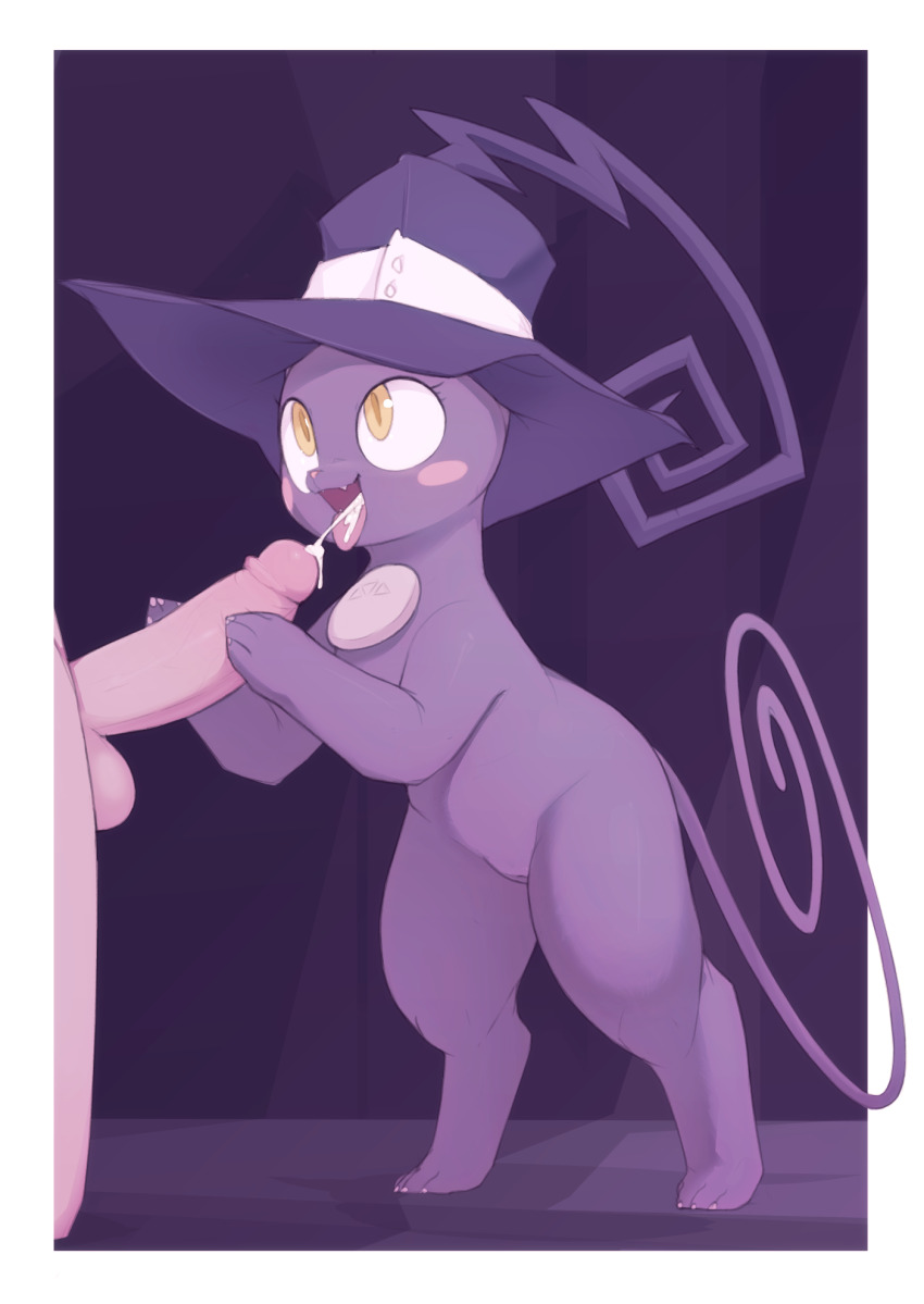 1boy 1girl animal animal_focus animal_sexualization bestiality blair_(cat)_(soul_eater) blair_(soul_eater) blush blush_stickers border cat claws cleft_of_venus clothed_animal cum cum_in_mouth cum_on_tongue ejaculation erection fangs full_body handjob happy hat hetero highres kekitopu looking_at_another looking_up open_mouth outside_border penis purple_background purple_hat purple_theme pussy solo_focus soul_eater standing testicles tongue tongue_out uncensored veins veiny_penis white_border witch_hat yellow_eyes