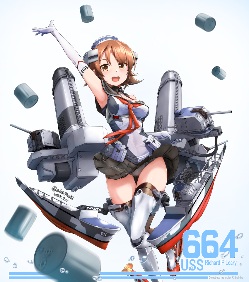 1girl adapted_turret black_panties black_sailor_collar black_skirt breasts brown_eyes brown_hair cannon cleavage depth_charge dixie_cup_hat elbow_gloves flipped_hair gloves grey_shirt hat highres kantai_collection kyou_(tr-6) looking_at_viewer machinery medium_breasts military_hat neckerchief off-shoulder_shirt off_shoulder open_mouth panties pantyshot red_neckerchief richard_p._leary_(kancolle) rigging sailor_collar ship_turret shirt short_hair skirt smile smokestack solo torpedo_launcher underwear white_background white_gloves white_hat