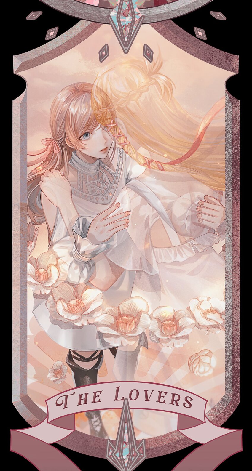 2girls black_border black_footwear blonde_hair blue_eyes boots border braid card_(medium) commentary dress english_commentary final_fantasy final_fantasy_xiv flower from_above full_body hair_ribbon half_updo hand_on_another&#039;s_back hand_on_another&#039;s_shoulder highres hyur jingjue_de_yumiao knee_boots long_hair long_sleeves looking_at_another minfilia_warde multiple_girls orange_hair puffy_long_sleeves puffy_sleeves ribbon ryne_waters single_braid standing tarot tarot_(medium) the_lovers_(tarot) transparent white_dress white_flower