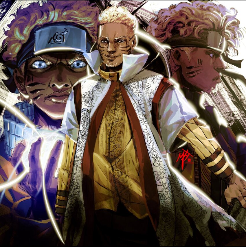 1boy age_comparison alternate_skin_color beard blonde_hair blue_eyes closed_mouth cowboy_shot curly_hair dark_skin facial_hair facial_mark forehead_protector haori hat_on_back high_collar highres japanese_clothes konohagakure_symbol long_sleeves looking_at_viewer multiple_persona multiple_views mythallica naruto_(series) profile rasengan smile undercut uzumaki_naruto v-shaped_eyebrows very_dark_skin watermark whisker_markings