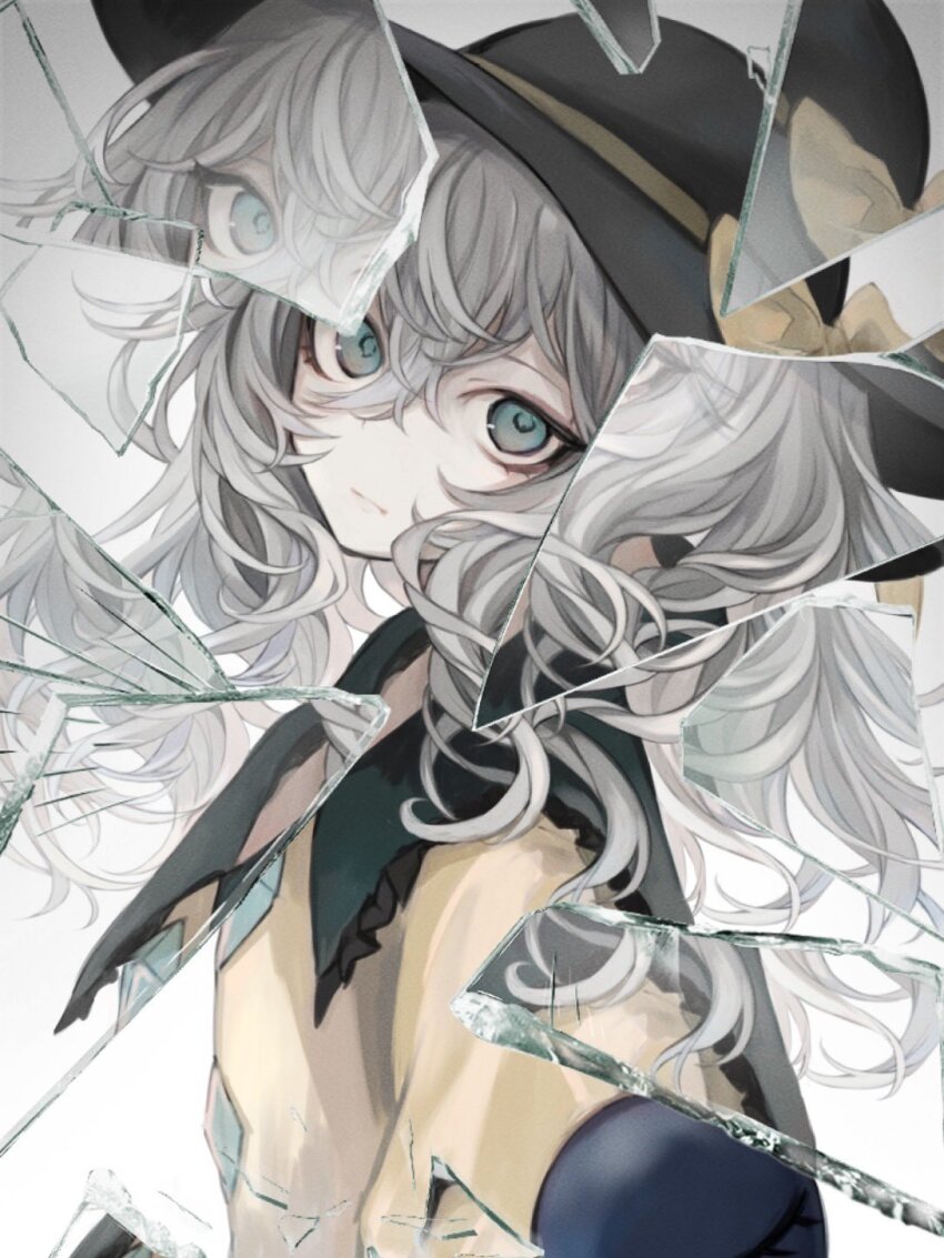 1girl app_filter black_hat bow broken_glass buttons closed_mouth commentary_request diamond_(shape) diamond_button glass green_eyes green_hair green_sailor_collar hair_between_eyes hasunokaeru hat hat_bow highres komeiji_koishi looking_at_viewer medium_hair reflection sailor_collar shirt simple_background solo third_eye touhou upper_body wavy_hair white_background yellow_bow yellow_shirt