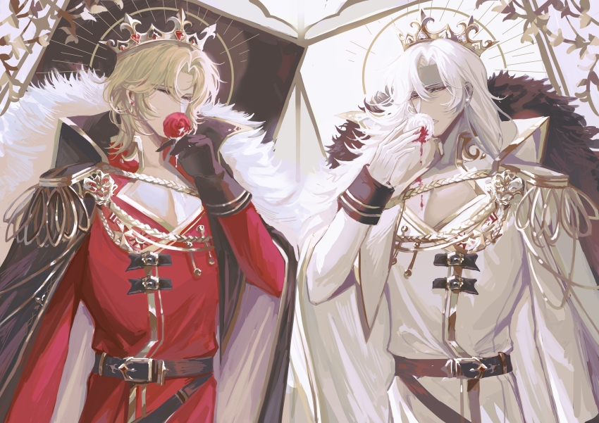 2boys absurdres aiguillette alternate_costume aqua_eyes belt belt_buckle black_background black_belt black_cape black_gloves blonde_hair blood blood_on_flower branch buckle cape closed_eyes collared_cape covered_mouth crown curtained_hair dark-skinned_male dark_skin dual_persona earrings epaulettes flower fur-trimmed_cape fur_trim gloves hair_between_eyes highres holding holding_flower jacket jewelry lars_rorschach leaf long_sleeves looking_at_flowers lovebrush_chronicles male_focus multiple_boys nil_lars open_mouth parted_bangs pectoral_cleavage pectorals red_flower red_jacket red_rose rose short_hair smelling smelling_flower snow234 sunburst symmetrical_pose two-tone_background upper_body white_background white_cape white_flower white_gloves white_hair white_jacket white_rose