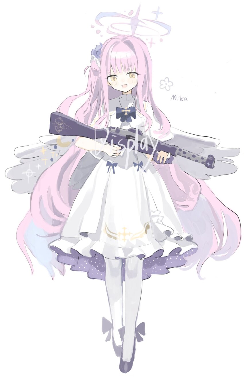 1984_(cw1000110) 1girl angel_wings black_bow black_bowtie black_shoes blue_archive bow bowtie capelet character_name commission dress full_body gun hair_bun hair_flaps halo highres holding holding_weapon lanchester_smg long_dress looking_at_viewer mika_(blue_archive) open_mouth pantyhose pink_hair pink_halo school_uniform shoes short_hair simple_background single_hair_bun sleeveless sleeveless_dress smile solo standing submachine_gun very_short_hair watermark weapon white_background white_capelet white_dress white_pantyhose white_wings wings yellow_eyes