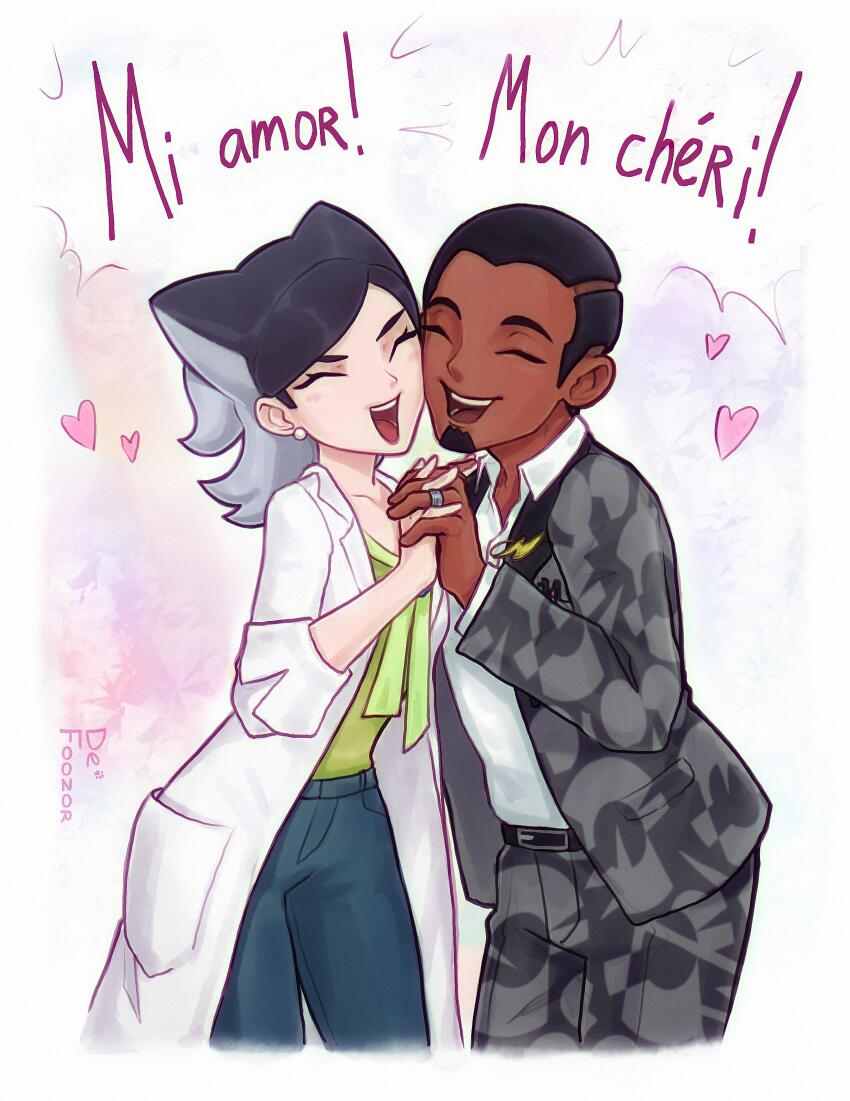 1boy 1girl absurdres artist_name professor_bellis black_hair cheek-to-cheek closed_eyes collared_shirt dark-skinned_male dark_skin dirtyfox911911 grey_hair heads_together heart highres holding_hands interlocked_fingers lab_coat multicolored_hair nintendo pokemon pokemon_masters_ex pokemon_sv salvatore_(pokemon) shirt trait_connection two-tone_hair white_shirt