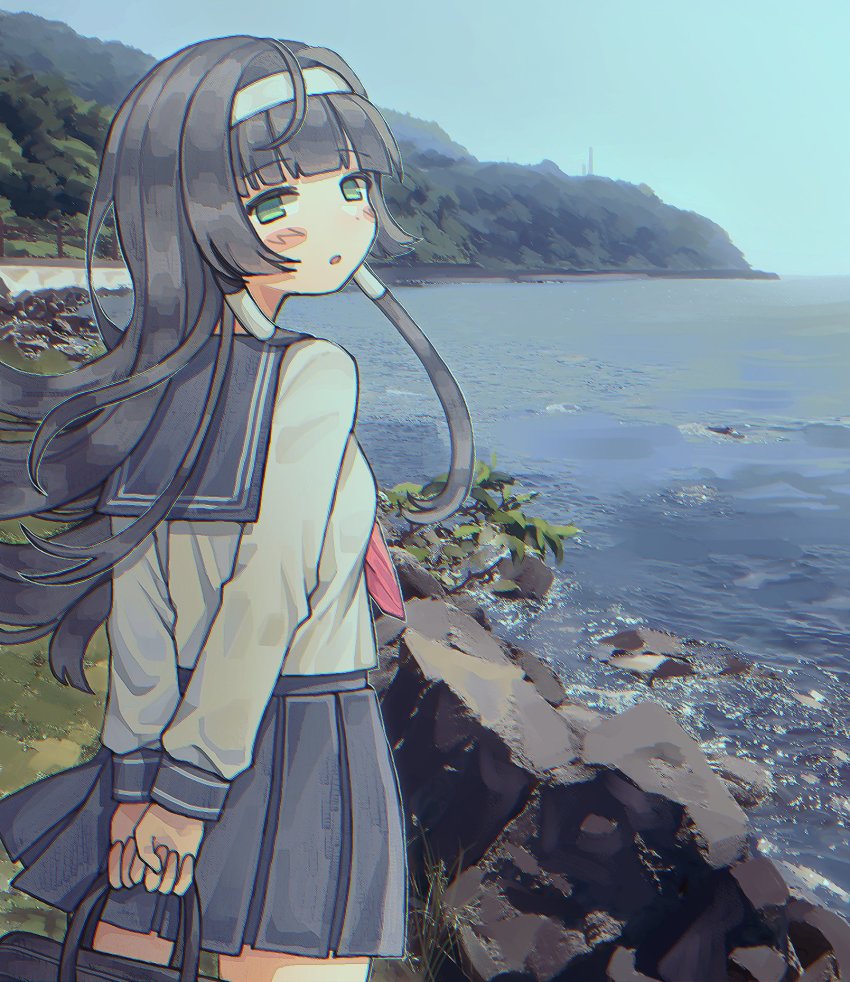 1girl bad_id bad_twitter_id bag bishoujo_mangekyou bishoujo_mangekyou:_kotowari_to_meikyuu_no_shoujo bishoujo_mangekyou_(series) blue_sailor_collar blue_skirt blunt_bangs blush_stickers commission day from_behind green_eyes hair_tubes hairband head_tilt highres holding holding_bag long_hair long_sleeves mountain neckerchief ocean outdoors parted_lips pink_neckerchief pleated_skirt renge_(bishoujo_mangekyou) rnfhv sailor_collar school_uniform serafuku sidelocks skeb_commission skirt solo tree water white_hairband