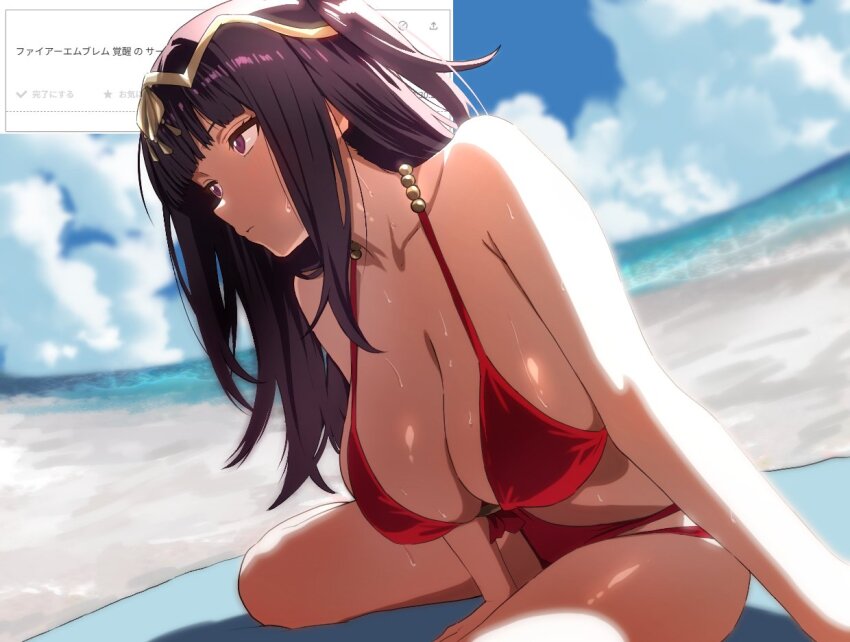 1girl ahonoko arm_support armpit_crease beach beach_towel bikini black_hair blue_sky blunt_bangs breasts circlet cleavage closed_mouth cloud collarbone day fire_emblem gold_circlet horizon large_breasts long_hair looking_ahead multi-strapped_bikini_bottom nintendo ocean on_ground outdoors purple_eyes red_bikini sitting sky solo sweat swimsuit tharja_(fire_emblem) tharja_(summer)_(fire_emblem) towel water yokozuwari