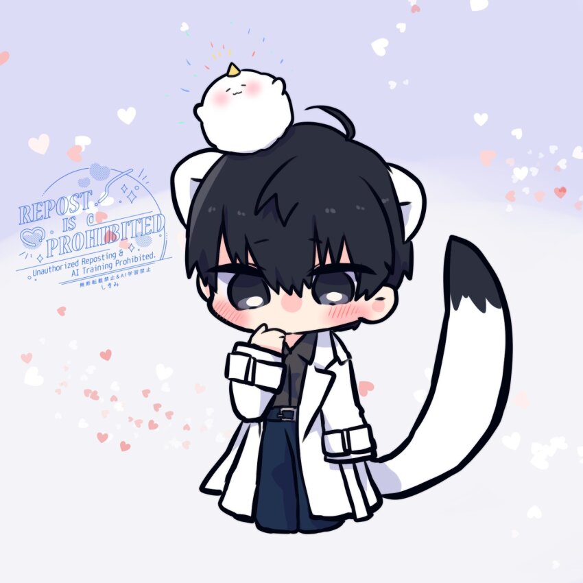 1boy ahoge animal animal_ears animal_on_head biyoo_(omniscient_reader&#039;s_viewpoint) black_eyes black_hair black_shirt blush chibi chibi_only coat collared_shirt commentary english_commentary hair_between_eyes hand_on_own_chin highres kemonomimi_mode kim_dokja kimidori_22 male_focus mouse_ears mouse_tail omniscient_reader&#039;s_viewpoint on_head open_clothes open_coat shirt short_hair solo standing tail white_coat