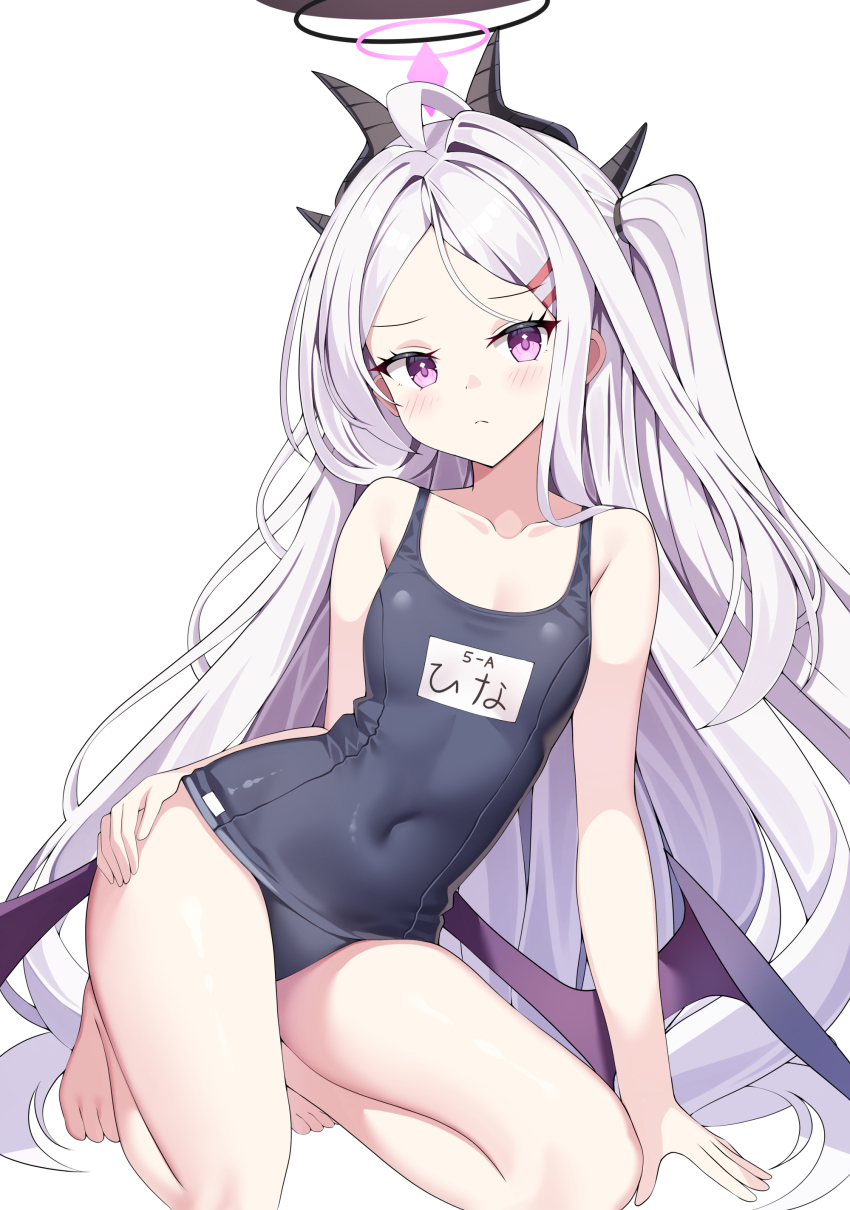 absurdres ahoge arm_support bare_arms bare_legs bare_shoulders barefoot black_halo black_horns black_wings blue_archive blue_one-piece_swimsuit blush breasts closed_mouth collarbone covered_navel demon_girl demon_horns demon_wings dot_nose feet hair_ornament hair_over_shoulder hairclip halo hand_on_own_thigh highres hina_(blue_archive) hina_(swimsuit)_(blue_archive) horns kneeling leaning_to_the_side loli long_hair looking_at_viewer low_wings multiple_horns name_tag old_school_swimsuit one-piece_swimsuit parted_bangs purple_eyes school_swimsuit side_ponytail simple_background small_breasts sob_(submar1089) solo swimsuit toes very_long_hair white_background white_hair wings