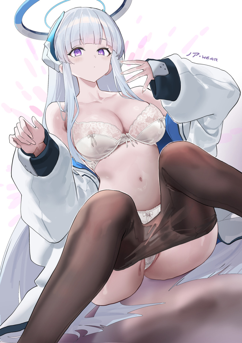 1girl bare_shoulders black_pantyhose blue_archive bow bow_panties breasts clothes_pull commentary_request halo highres jacket large_breasts long_hair mechanical_halo navel noa_(blue_archive) panties pantyhose pantyhose_pull purple_eyes salmon88 simple_background sitting solo stomach underwear white_background white_hair white_jacket white_panties