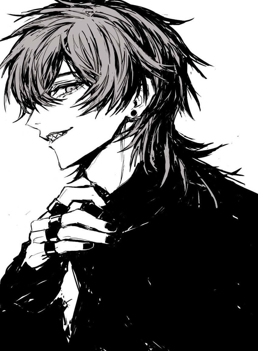 1boy earrings fingernails from_side greyscale hand_up highres jacket jewelry long_sleeves looking_at_viewer male_focus medium_hair monochrome multiple_rings original profile ring sharp_teeth simple_background smile solo stud_earrings teeniika teeth upper_body white_background