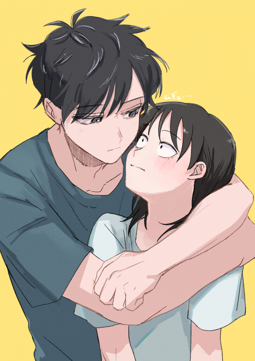 1boy 1girl :| absurdres black_eyes black_hair blush closed_mouth commentary_request couple flustered futsuu_no_keion-bu hatono_chihiro hetero highres hug hug_from_behind ikihaji looking_at_another mizuo_haruichi shirt short_hair short_sleeves simple_background t-shirt upper_body white_shirt yellow_background