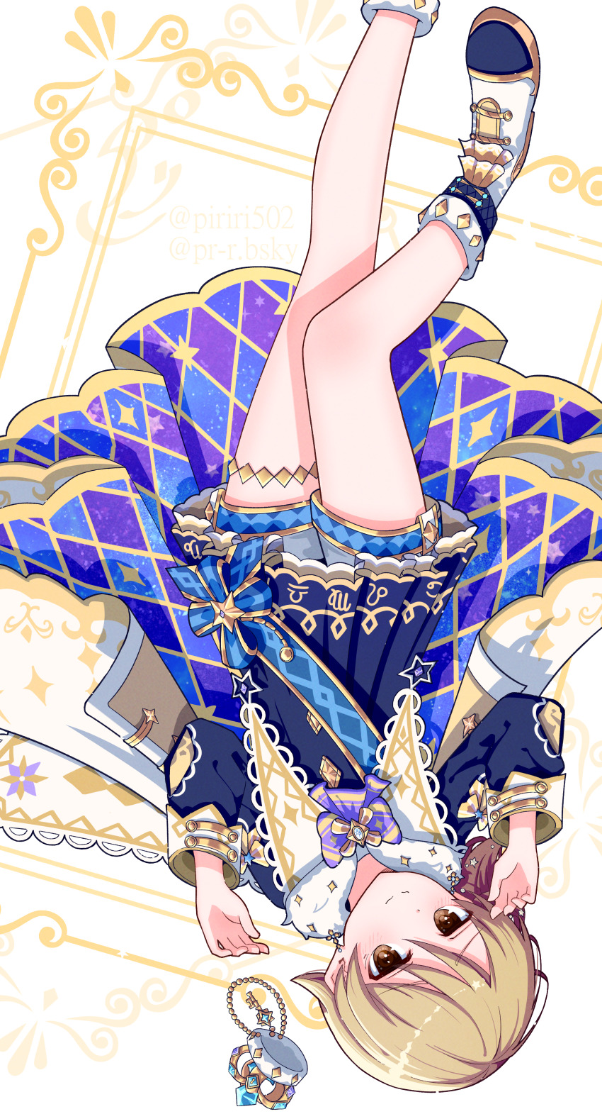 1girl absurdres bare_legs blonde_hair blue_shirt bluesky_username boots commentary_request crown flipped_hair highres idolmaster idolmaster_cinderella_girls long_sleeves looking_at_viewer lying mini_crown morikubo_nono official_alternate_costume on_back piriri_(piriri502) shirt short_hair shorts smile solo twitter_username upside-down white_boots white_shorts